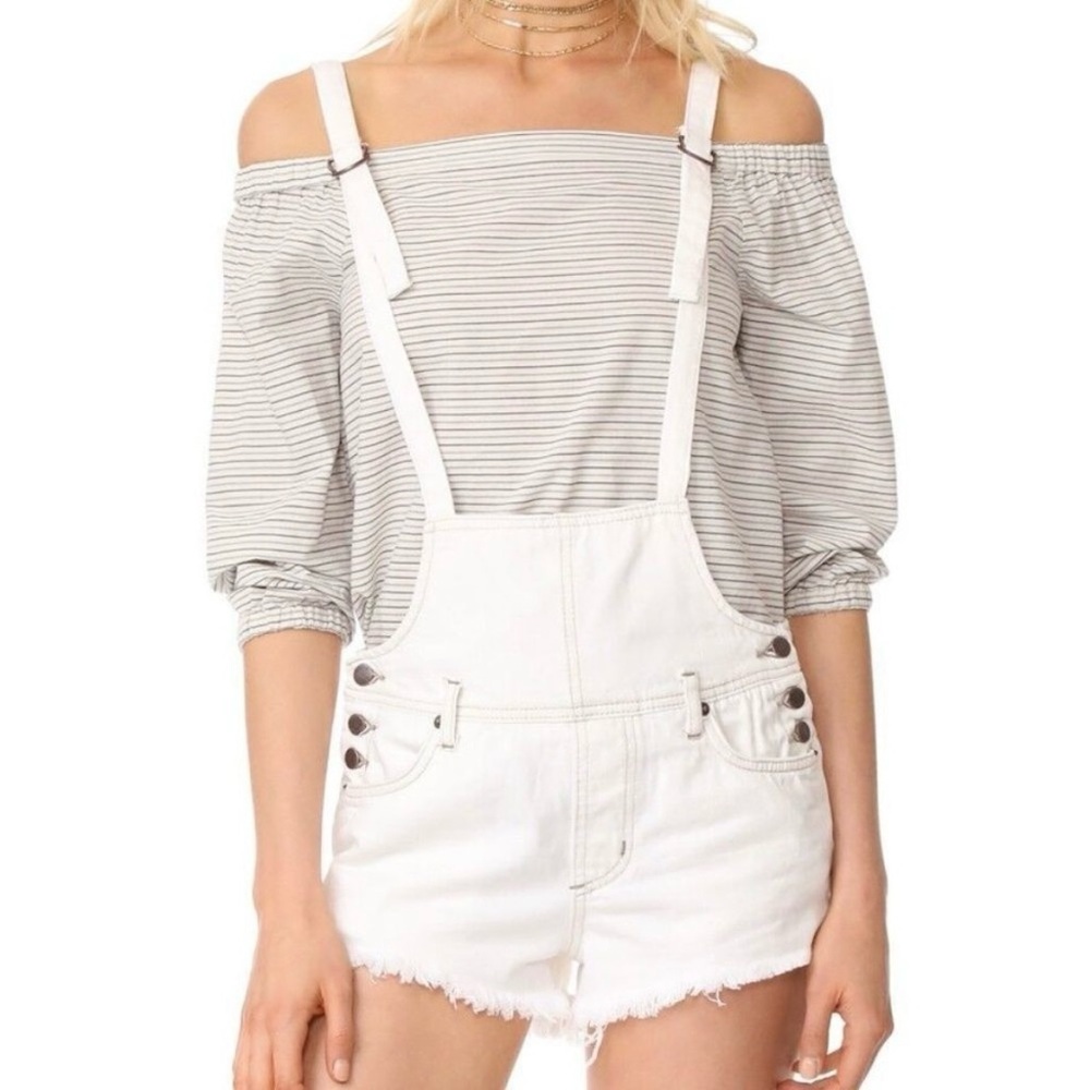 Free People We the Free White Denim Strappy Overalls Shortalls, Size 27